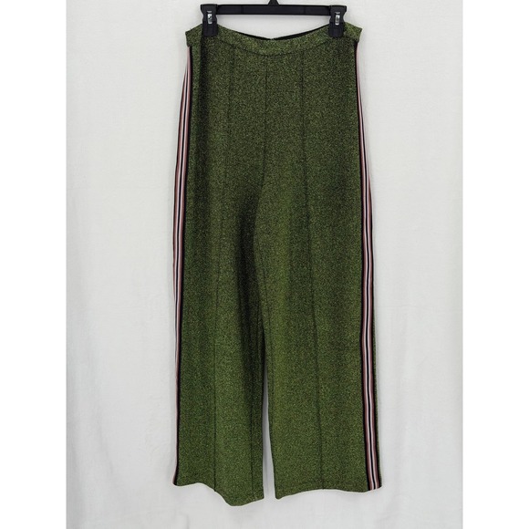 H&M Pants - H&M Pants Women 10 Metallic Green Glitter Wide Leg Side Stripe High Waist Disco